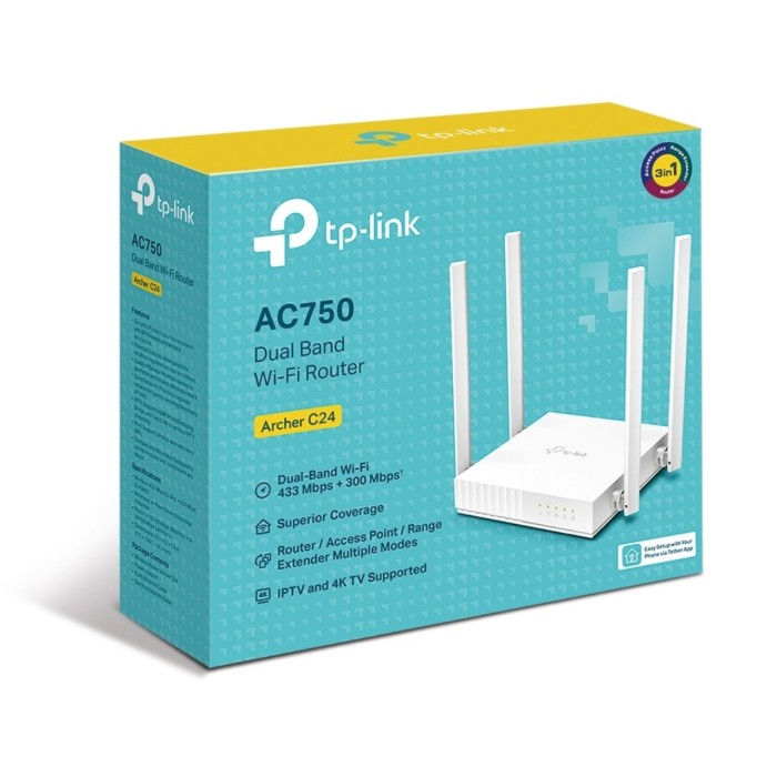 TP-Link Archer C24 AC750 Wi-Fi 5 Dual-Band 300+433 Mbps 4 Port 4 Antenli Router
