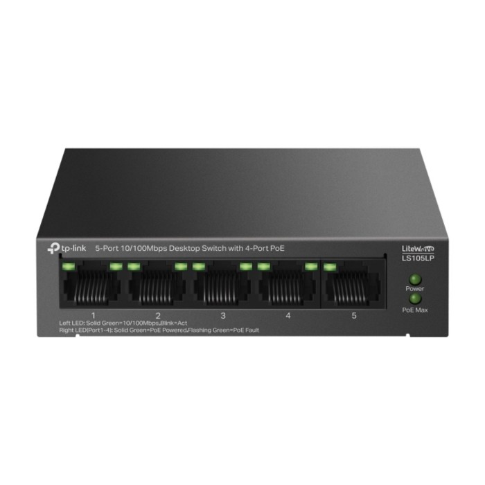 TP-Link LS105LP 5-Port 10/100Mbps 4 Port PoE 41W Güç 250m PoE Mesafesi Metal Kasa Masaüstü Switch