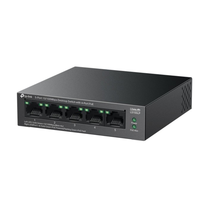 TP-Link LS105LP 5-Port 10/100Mbps 4 Port PoE 41W Güç 250m PoE Mesafesi Metal Kasa Masaüstü Switch