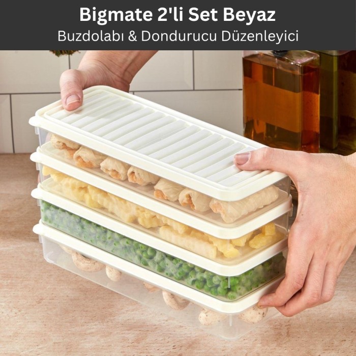 bigmate 2'li Şeffaf Saklama Kabı Beyaz 2x1 Lt BGMT1115 Mikrodalga Buzdolabı ve Dondurucu Uyumlu Düzenleyici