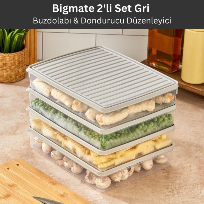 bigmate 2'li Şeffaf Saklama Kabı Gri 2x2,5 Lt BGMT2225 Mikrodalga Buzdolabı ve Dondurucu Uyumlu Düzenleyici