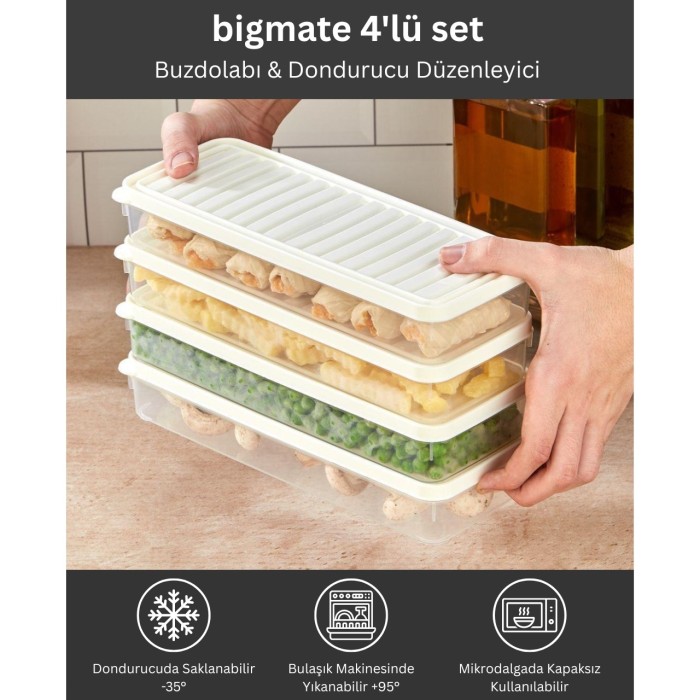bigmate 4'lü Şeffaf Saklama Kabı Beyaz 4x1 Lt BGMT1515 Mikrodalga Buzdolabı ve Dondurucu Uyumlu Düzenleyici