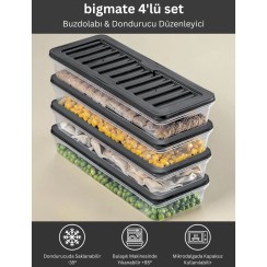 bigmate 4'lü Şeffaf Saklama Kabı Siyah 4x1 Lt BGMT1515 Mikrodalga Buzdolabı ve Dondurucu Uyumlu Düzenleyici