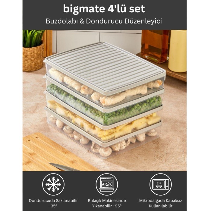 bigmate 4'lü Şeffaf Saklama Kabı Gri 4x2,5 Lt BGMT2525 Mikrodalga Buzdolabı ve Dondurucu Uyumlu Düze