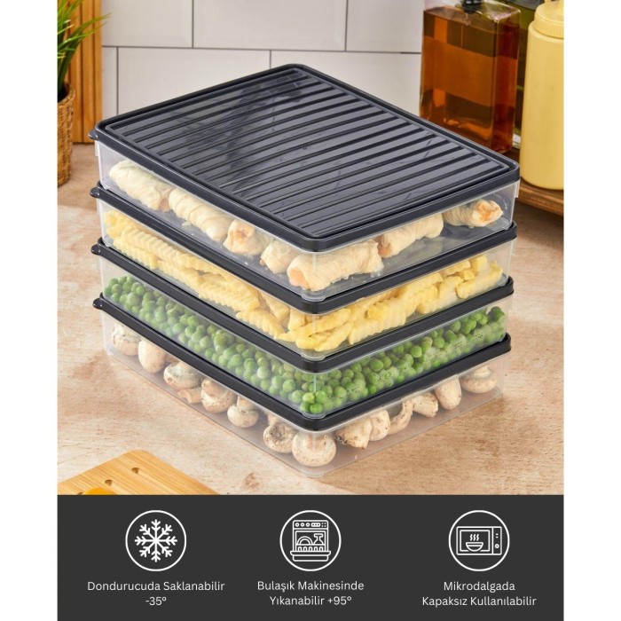 bigmate 4'lü Şeffaf Saklama Kabı Siyah 4x2,5 Lt BGMT2525 Mikrodalga Buzdolabı ve Dondurucu Uyumlu Dü