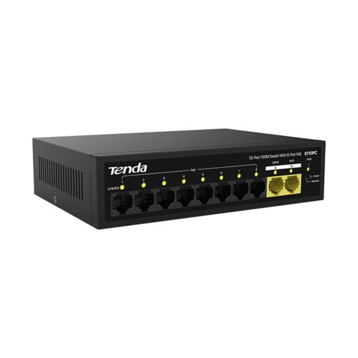 Tenda S110PC 10 Port 8 Port Poe+ 10/100 Mbps + 2 Port Uplink Switch Çelik Kasa Rack Mount Yönetilemez Switch